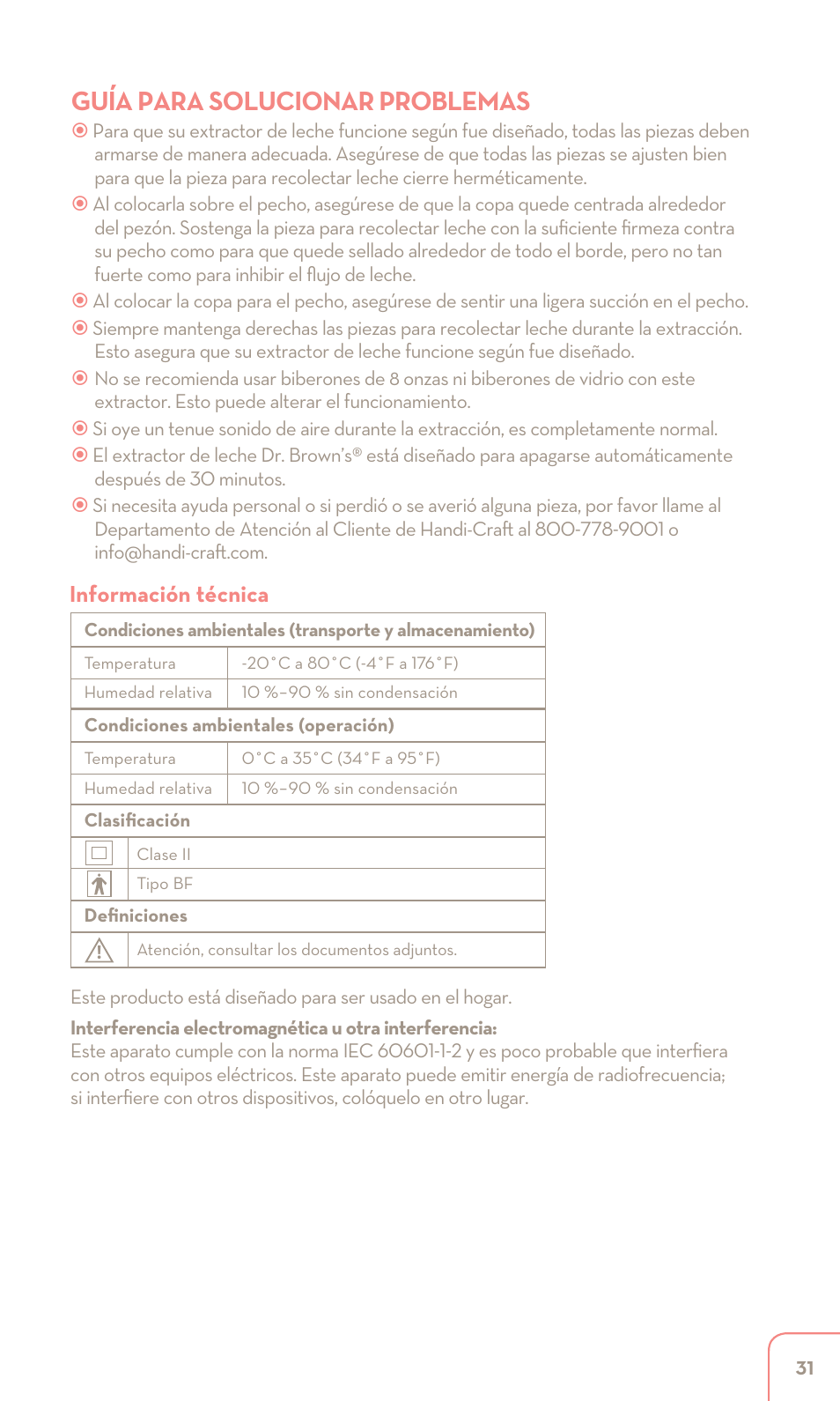 Guía para solucionar problemas, Información técnica | Dr. Brown's Double Electric Breast Pump User Manual | Page 31 / 48
