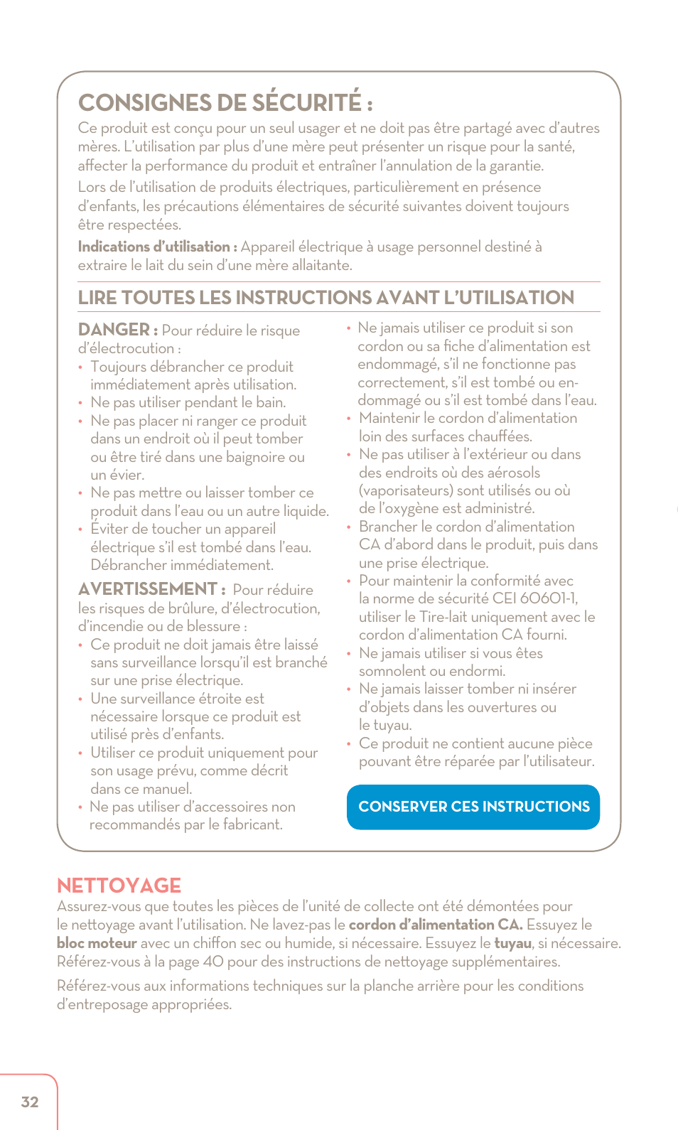 Consignes de sécurité, Nettoyage, Lire toutes les instructions avant l’utilisation | Dr. Brown's Double Electric Breast Pump User Manual | Page 32 / 48