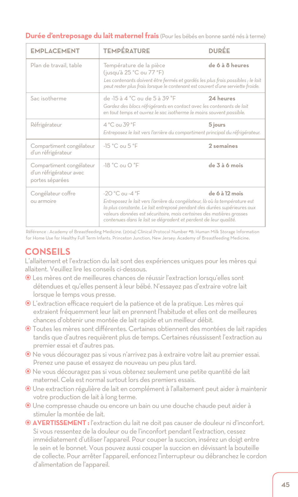 Conseils, Durée d’entreposage du lait maternel frais | Dr. Brown's Double Electric Breast Pump User Manual | Page 45 / 48