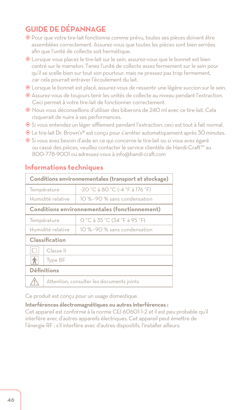 Guide de dépannage, Informations techniques | Dr. Brown's Double Electric Breast Pump User Manual | Page 46 / 48