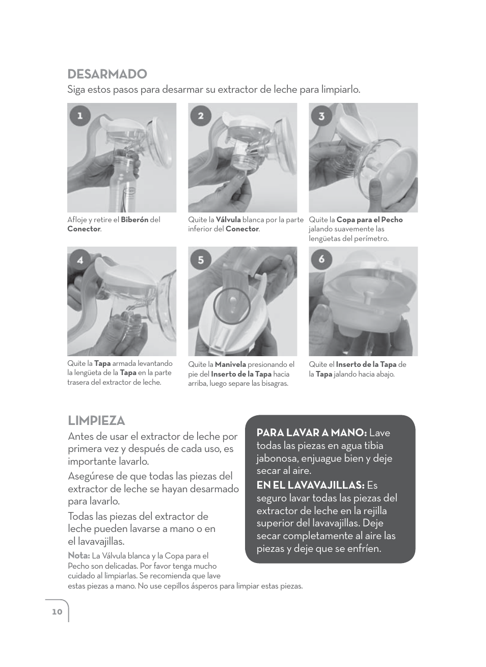 Limpieza, Desarmado | Dr. Brown's Manual Breast Pump User Manual | Page 10 / 24