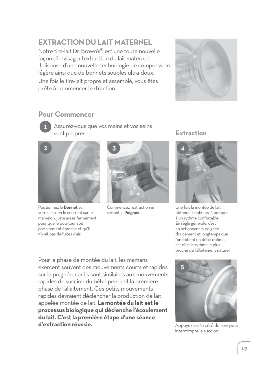 Extraction du lait maternel, Pour commencer | Dr. Brown's Manual Breast Pump User Manual | Page 19 / 24