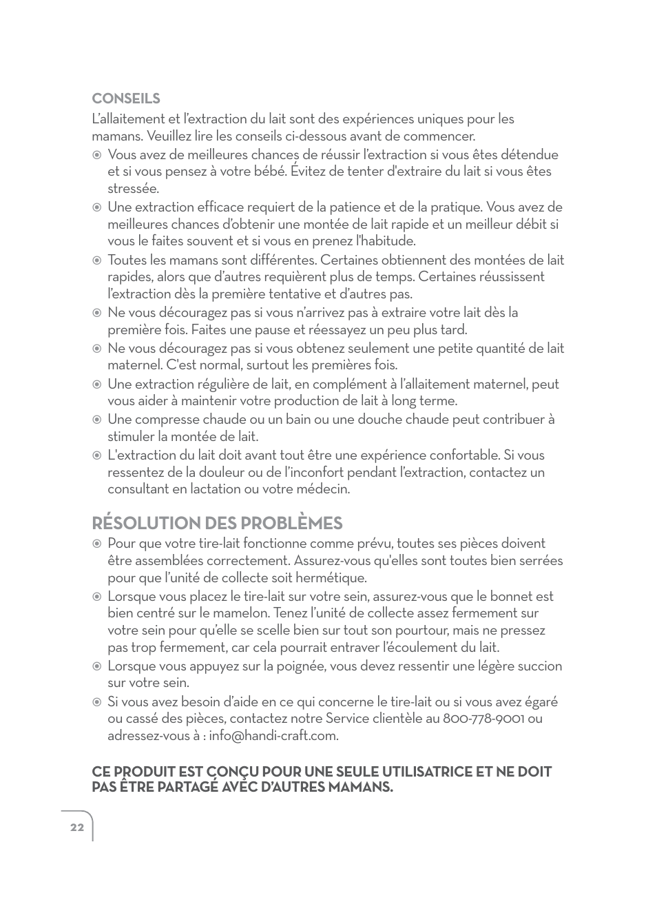 Résolution des problèmes | Dr. Brown's Manual Breast Pump User Manual | Page 22 / 24