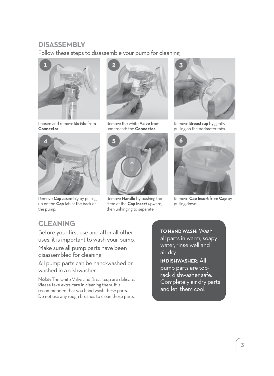 Disassembly, Cleaning | Dr. Brown's Manual Breast Pump User Manual | Page 3 / 24