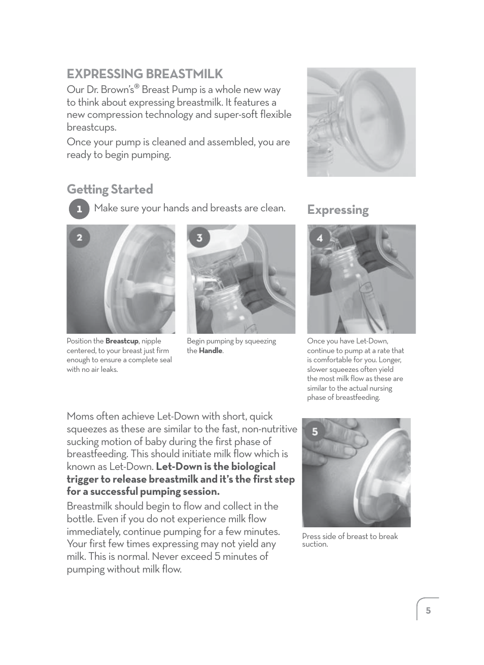 Expressing breastmilk, Ge ing started, Expressing | Dr. Brown's Manual Breast Pump User Manual | Page 5 / 24