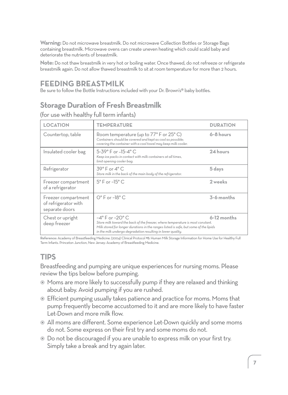 Feeding breastmilk, Storage duration of fresh breastmilk, Tips | For use with healthy full term infants) | Dr. Brown's Manual Breast Pump User Manual | Page 7 / 24