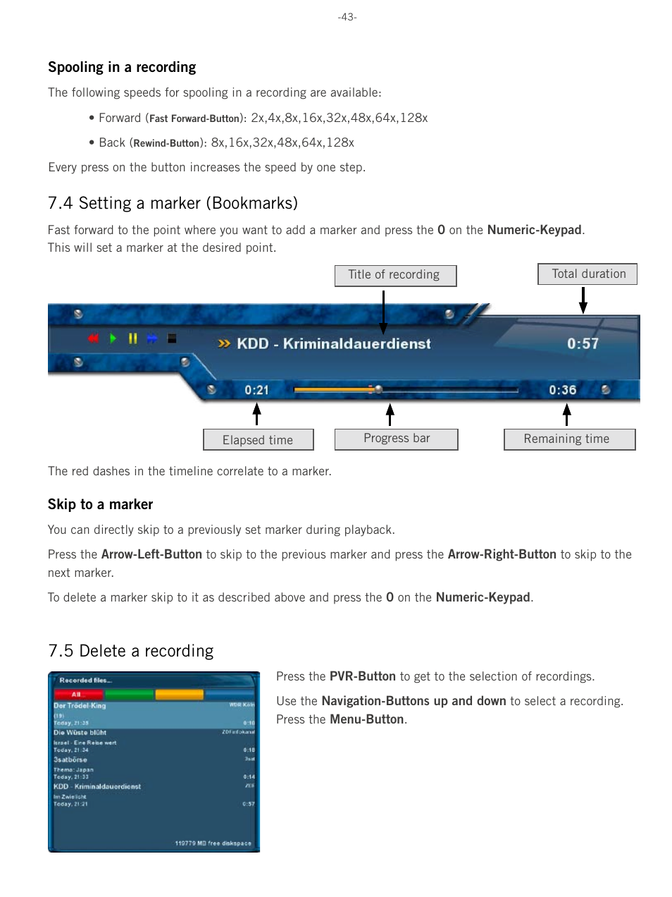 4 setting a marker (bookmarks), 5 delete a recording | Dream Property DM8000 HD PVR User Manual | Page 43 / 91