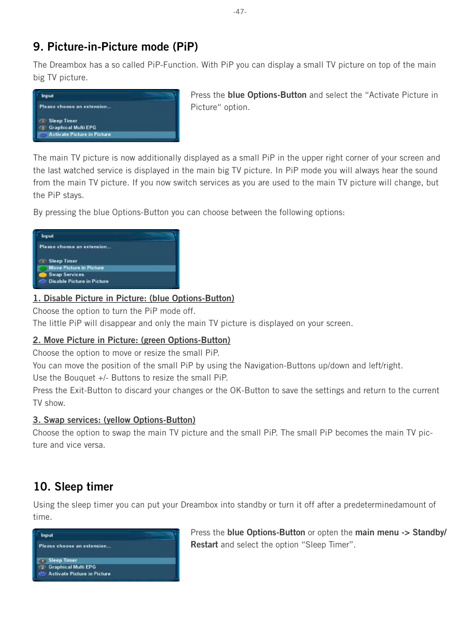 Picture-in-picture mode (pip), Sleep timer | Dream Property DM8000 HD PVR User Manual | Page 47 / 91