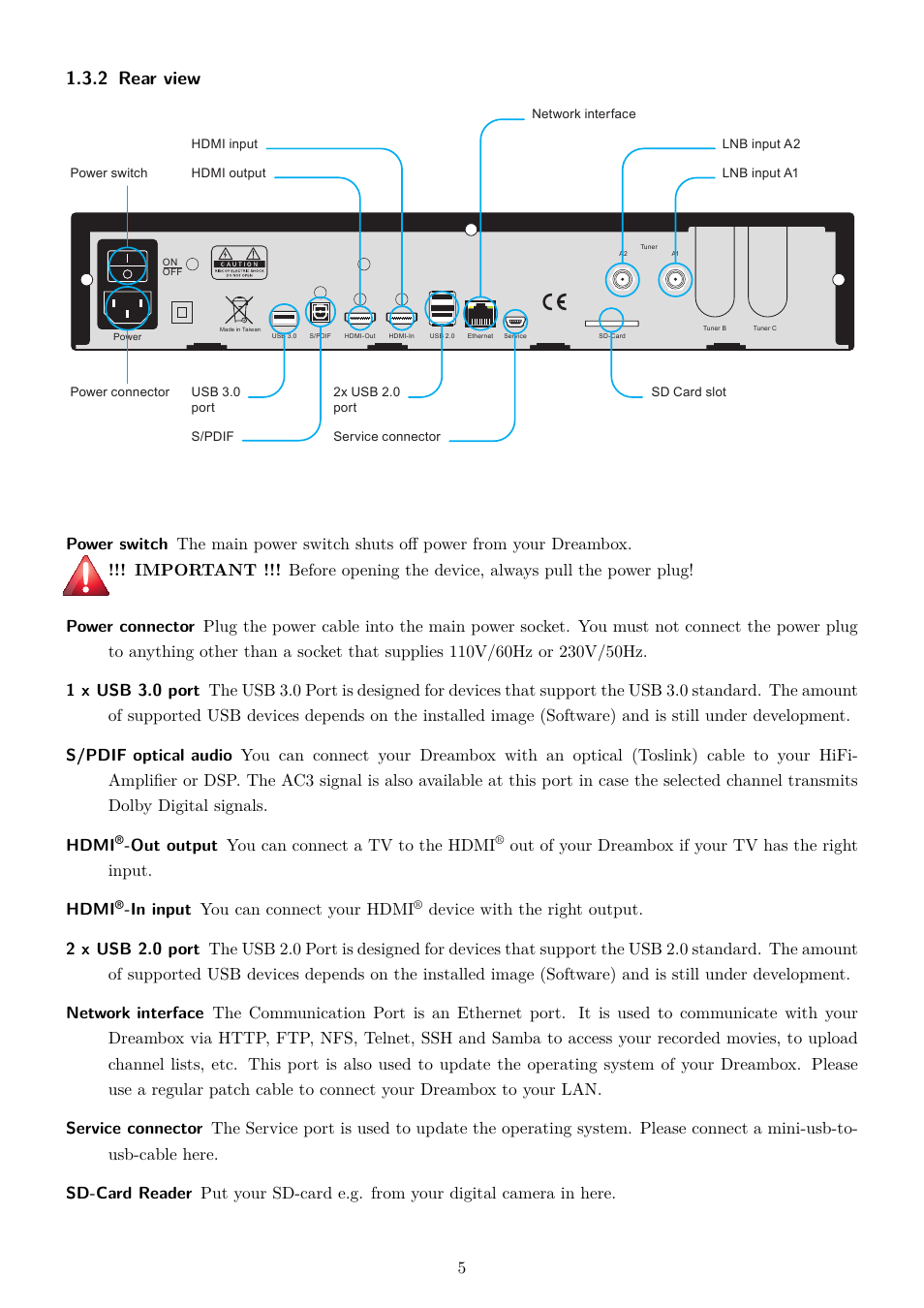 2 rear view, Out output you can connect a tv to the hdmi | Dream Property DM7080 HD User Manual | Page 10 / 87