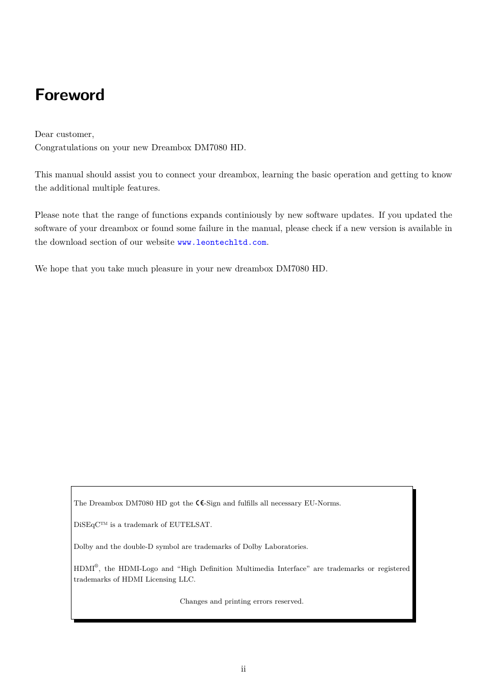 Foreword | Dream Property DM7080 HD User Manual | Page 2 / 87