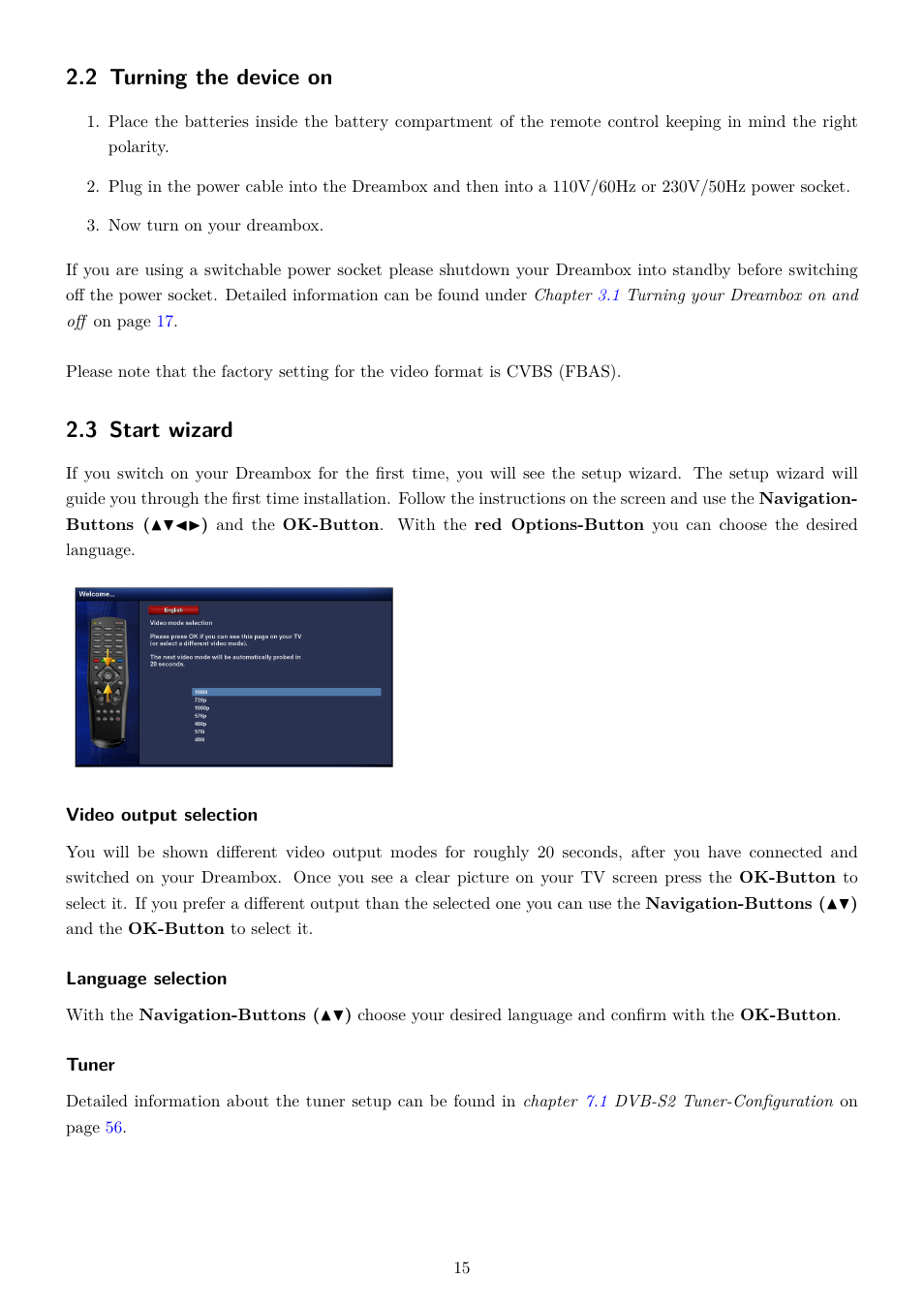 2 turning the device on, 3 start wizard | Dream Property DM7080 HD User Manual | Page 20 / 87