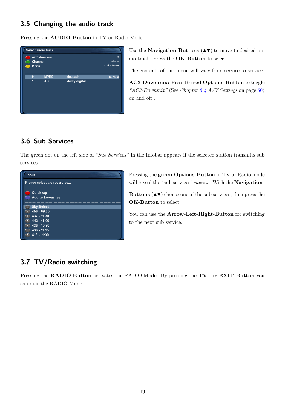 5 changing the audio track, 6 sub services, 7 tv/radio switching | Dream Property DM7080 HD User Manual | Page 24 / 87
