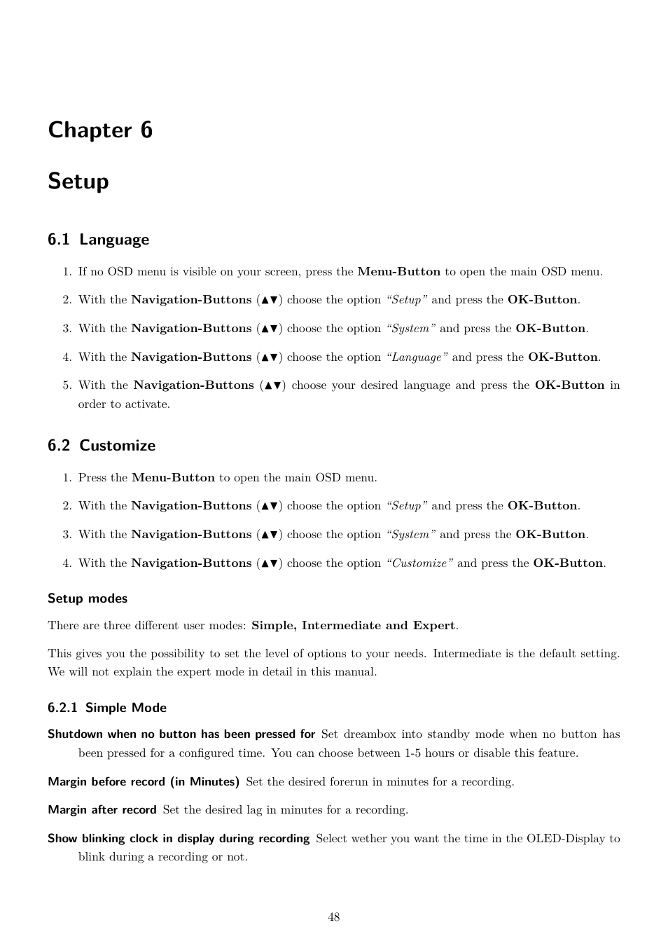6 setup, 1 language, 2 customize | 1 simple mode, Chapter, Chapter 6 setup | Dream Property DM7080 HD User Manual | Page 53 / 87