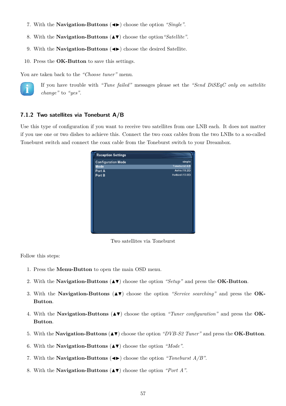 2 two satellites via toneburst a/b | Dream Property DM7080 HD User Manual | Page 62 / 87