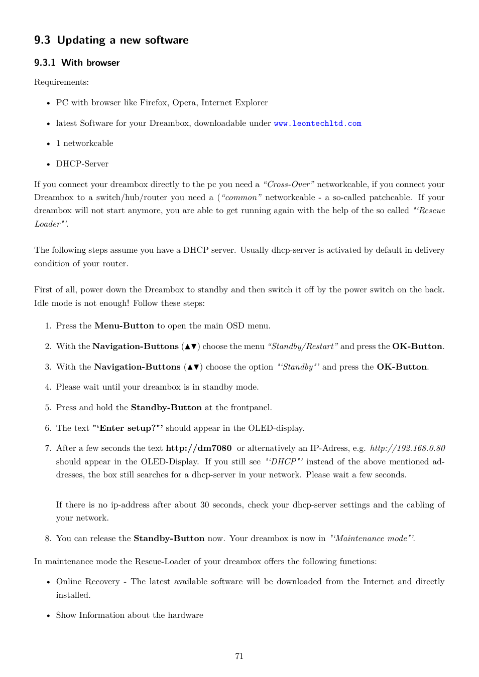 3 updating a new software, 1 with browser | Dream Property DM7080 HD User Manual | Page 76 / 87