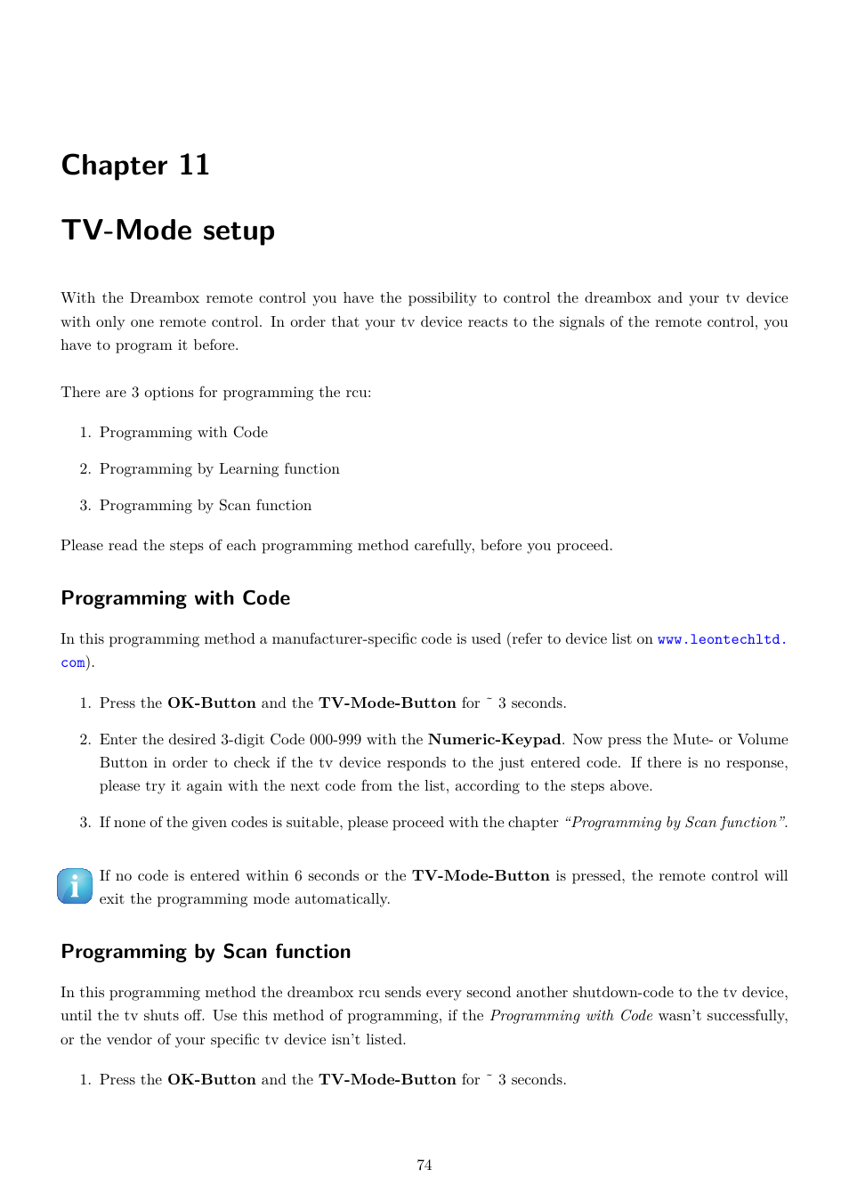 11 tv-mode setup, Chapter 11 tv-mode setup, Programming with code | Programming by scan function | Dream Property DM7080 HD User Manual | Page 79 / 87