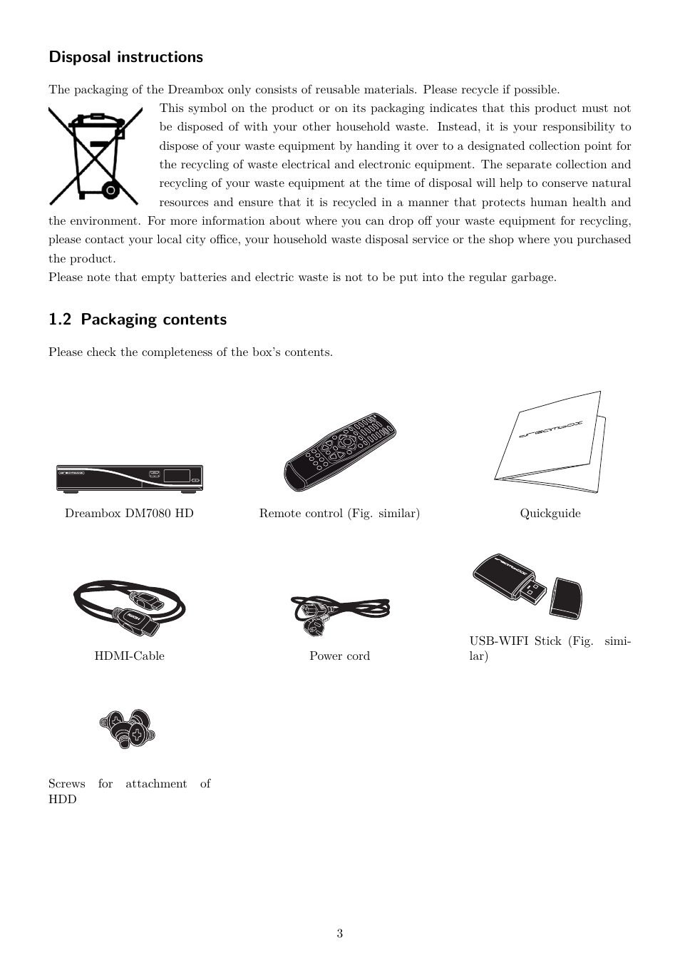 2 packaging contents, Disposal instructions | Dream Property DM7080 HD User Manual | Page 8 / 87