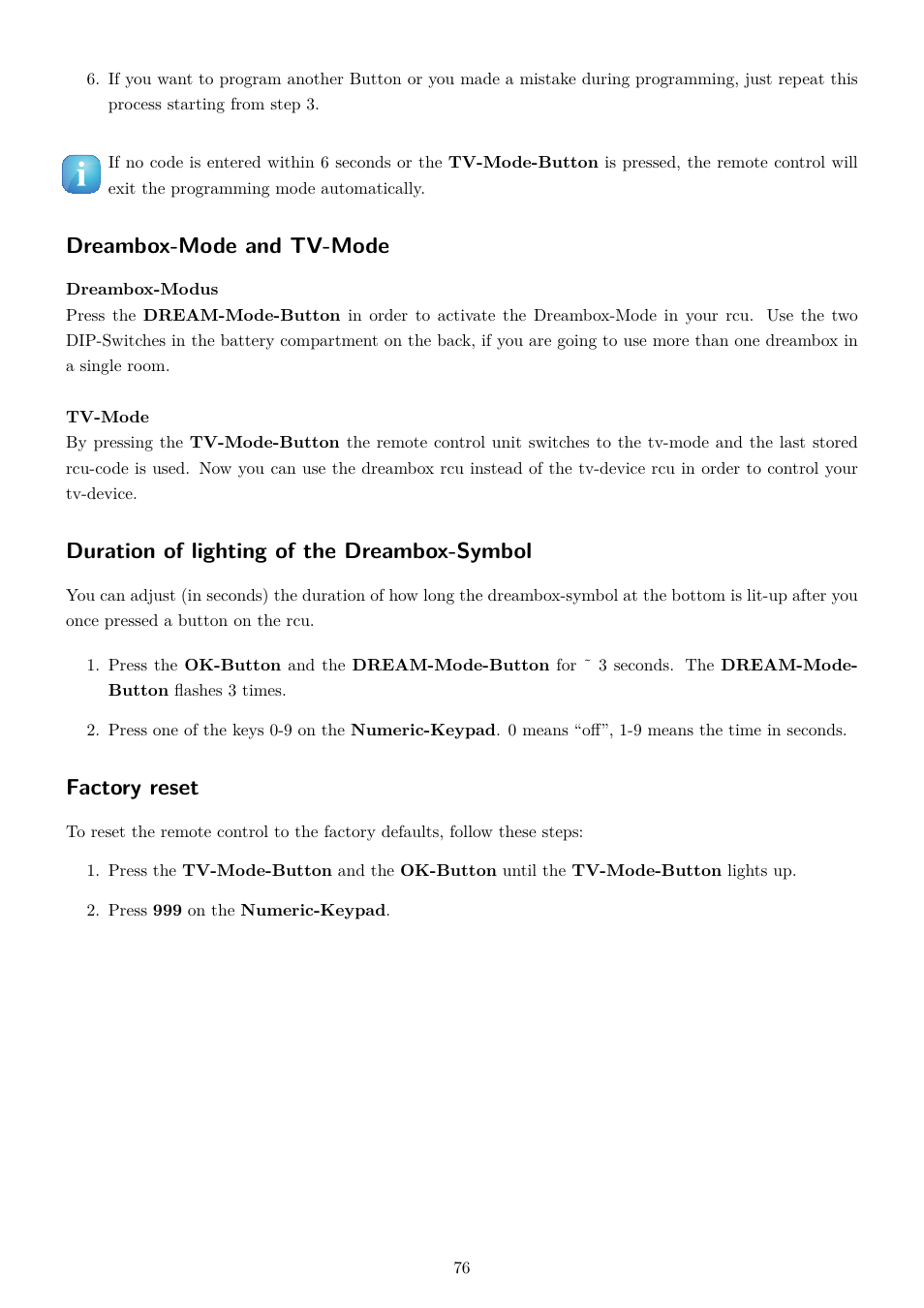 Dreambox-mode and tv-mode, Duration of lighting of the dreambox-symbol, Factory reset | Dream Property DM7080 HD User Manual | Page 81 / 87