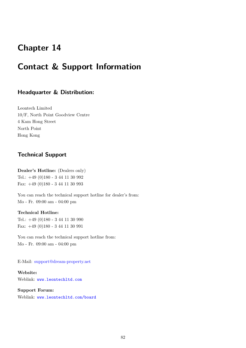 14 contact & support information, Chapter 14 contact & support information, Headquarter & distribution | Technical support | Dream Property DM7080 HD User Manual | Page 87 / 87