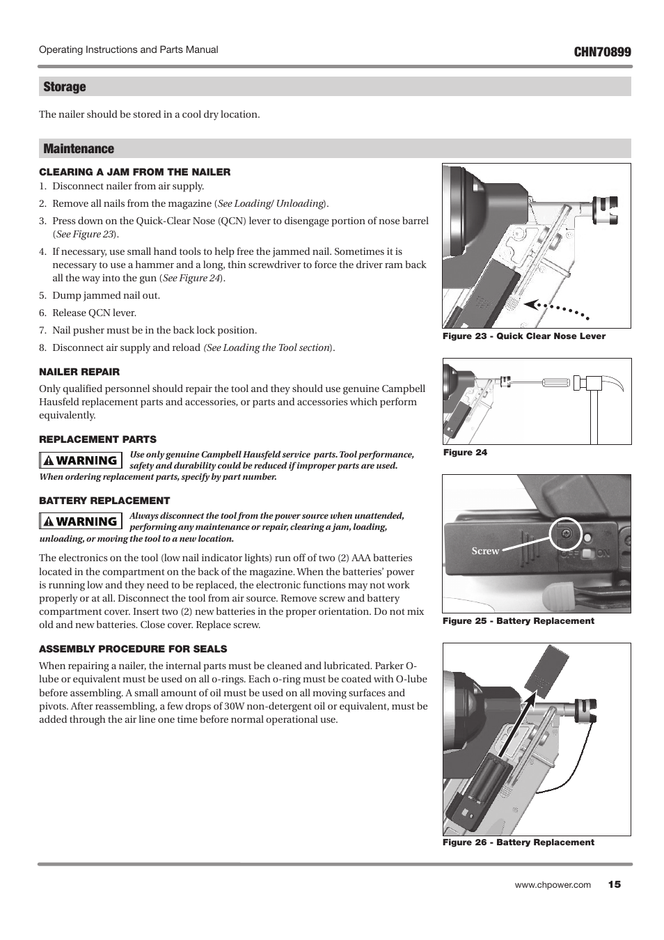 Maintenance, Storage | Campbell Hausfeld CHN70899 User Manual | Page 15 / 60