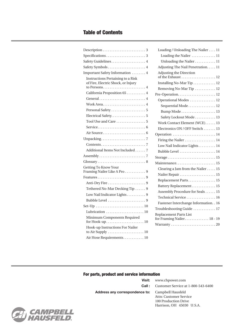 Campbell Hausfeld CHN70899 User Manual | Page 2 / 60