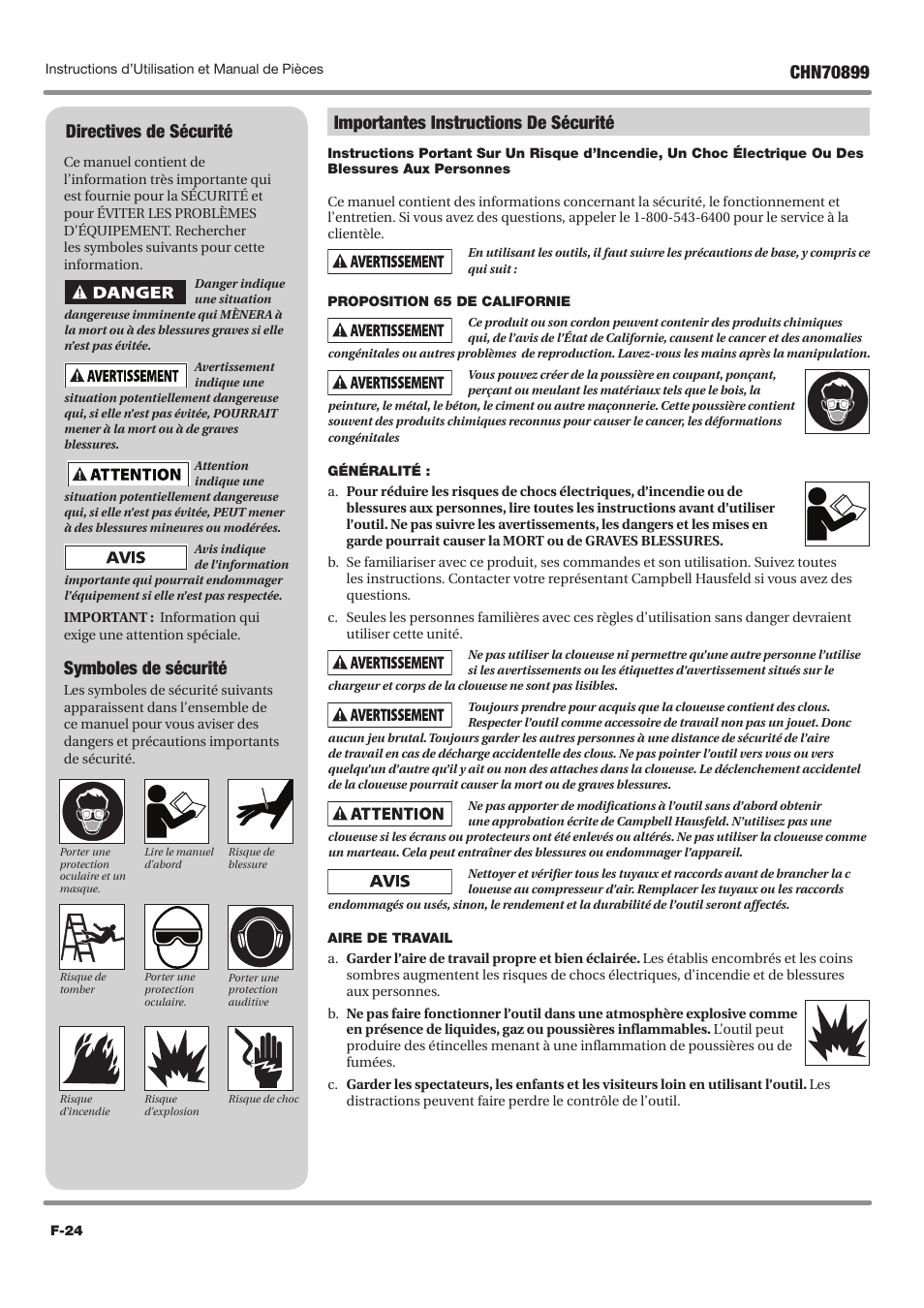 Importantes instructions de sécurité, Directives de sécurité, Symboles de sécurité | Campbell Hausfeld CHN70899 User Manual | Page 24 / 60