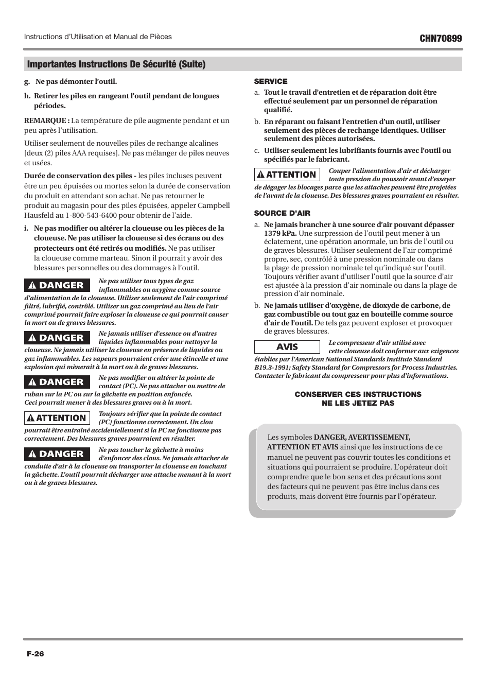 Importantes instructions de sécurité (suite) | Campbell Hausfeld CHN70899 User Manual | Page 26 / 60