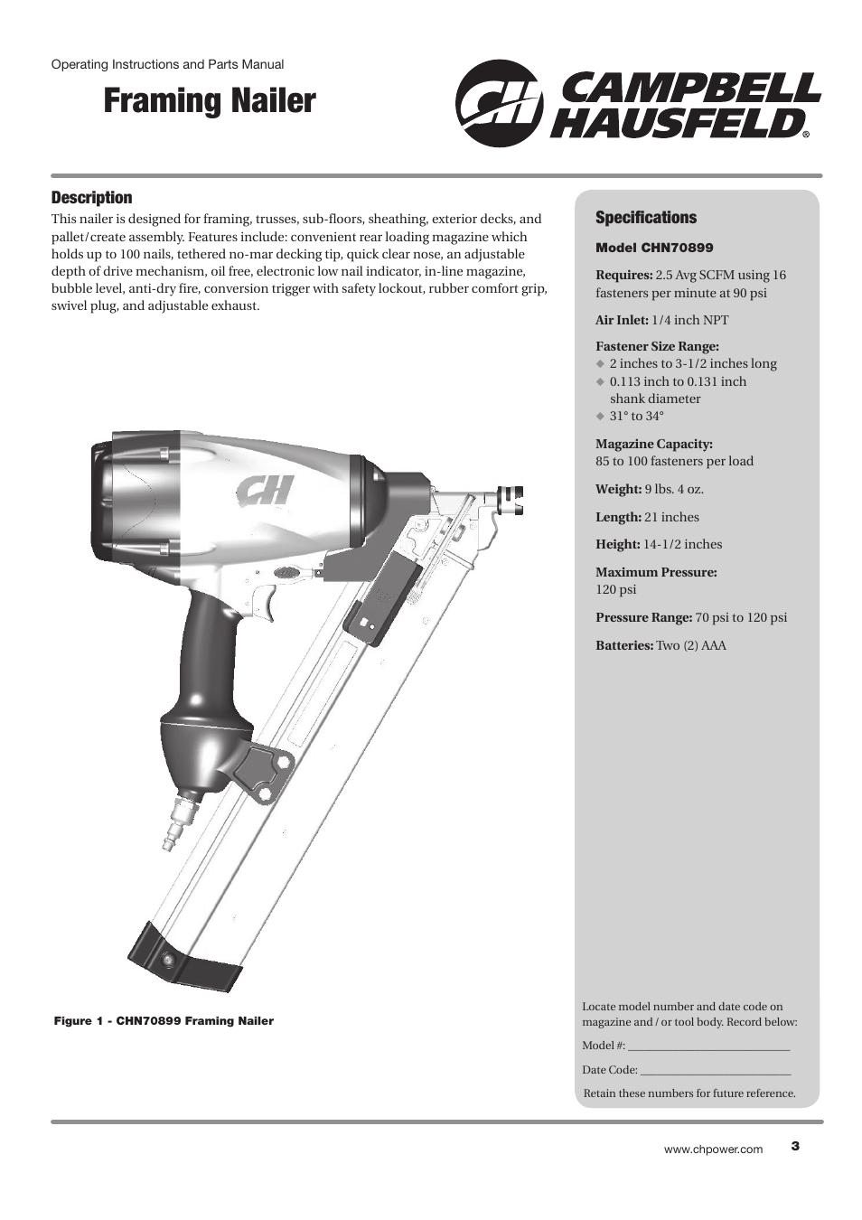 Framing nailer, Description, Specifications | Campbell Hausfeld CHN70899 User Manual | Page 3 / 60