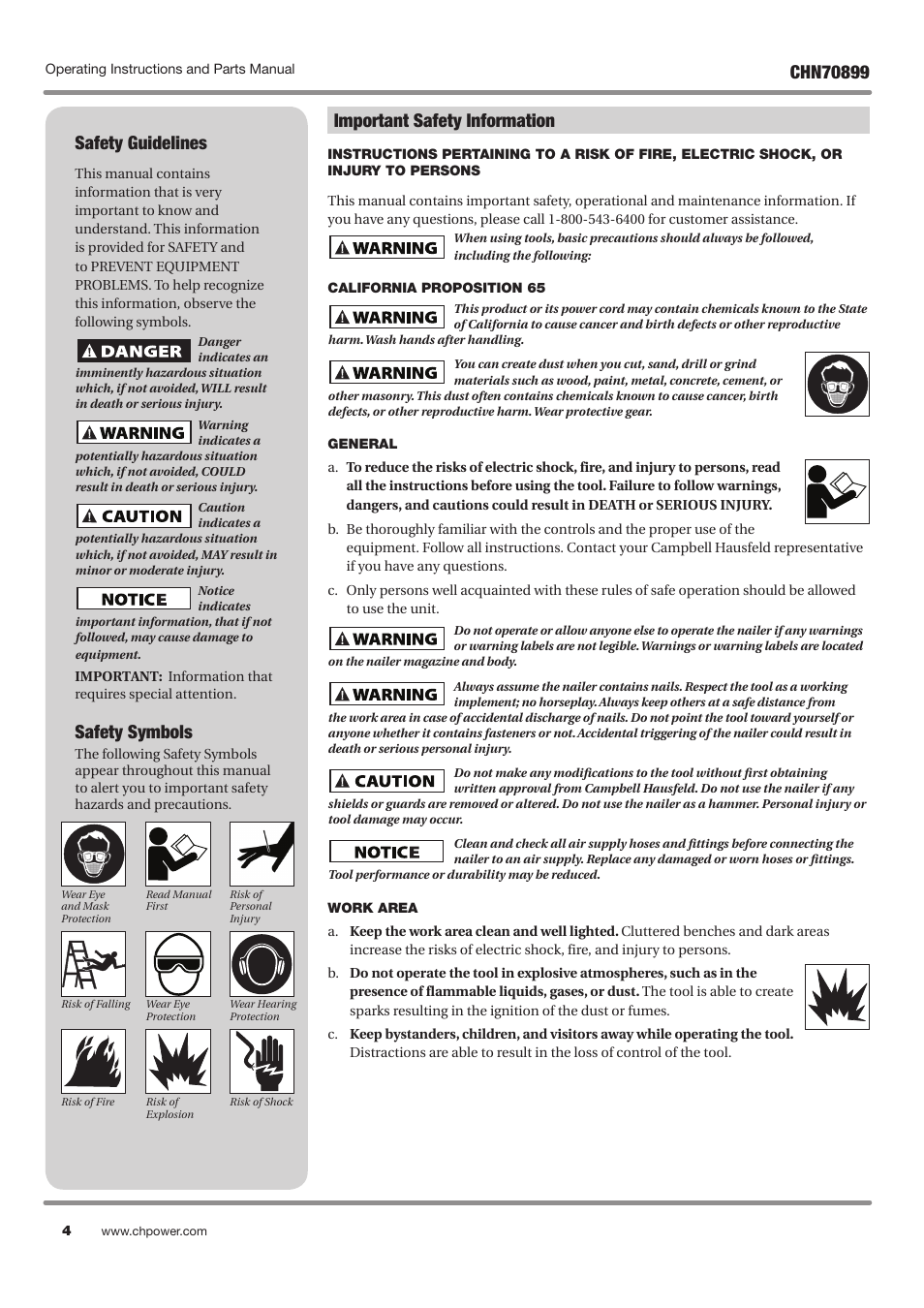 Safety guidelines, Safety symbols, Important safety information | Campbell Hausfeld CHN70899 User Manual | Page 4 / 60
