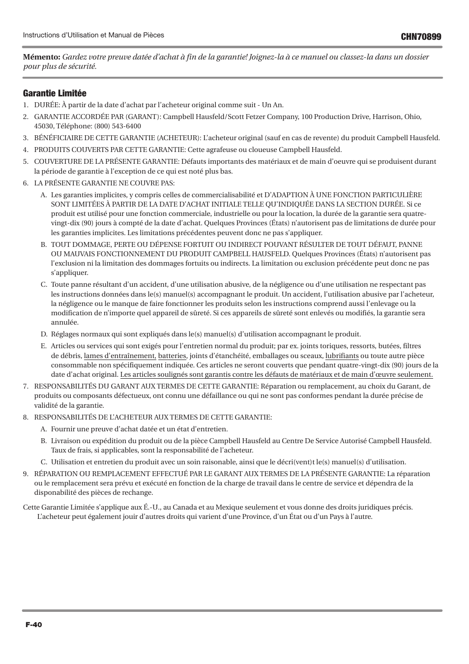 Garantie limitée | Campbell Hausfeld CHN70899 User Manual | Page 40 / 60