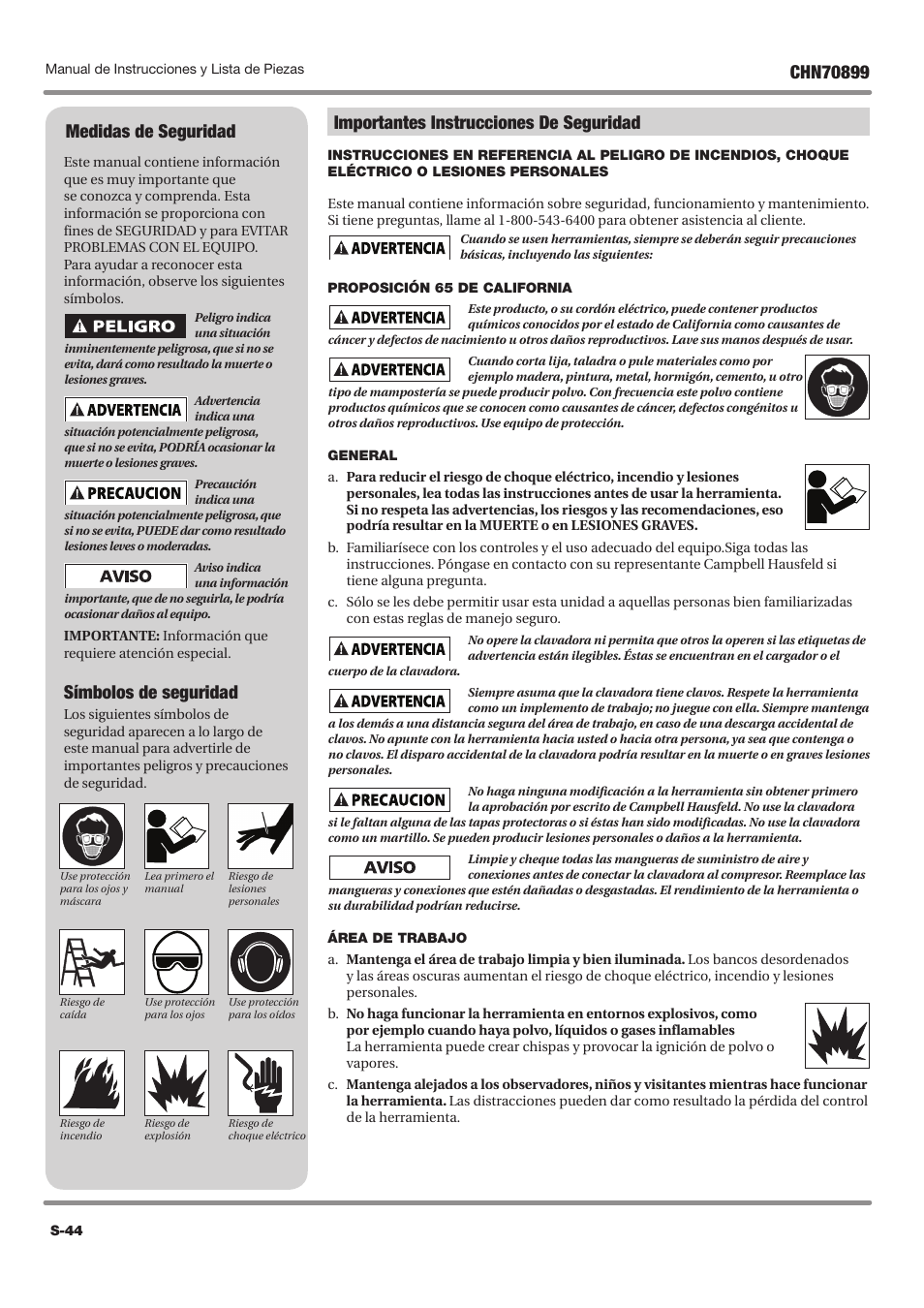 Importantes instrucciones de seguridad, Medidas de seguridad, Símbolos de seguridad | Campbell Hausfeld CHN70899 User Manual | Page 44 / 60