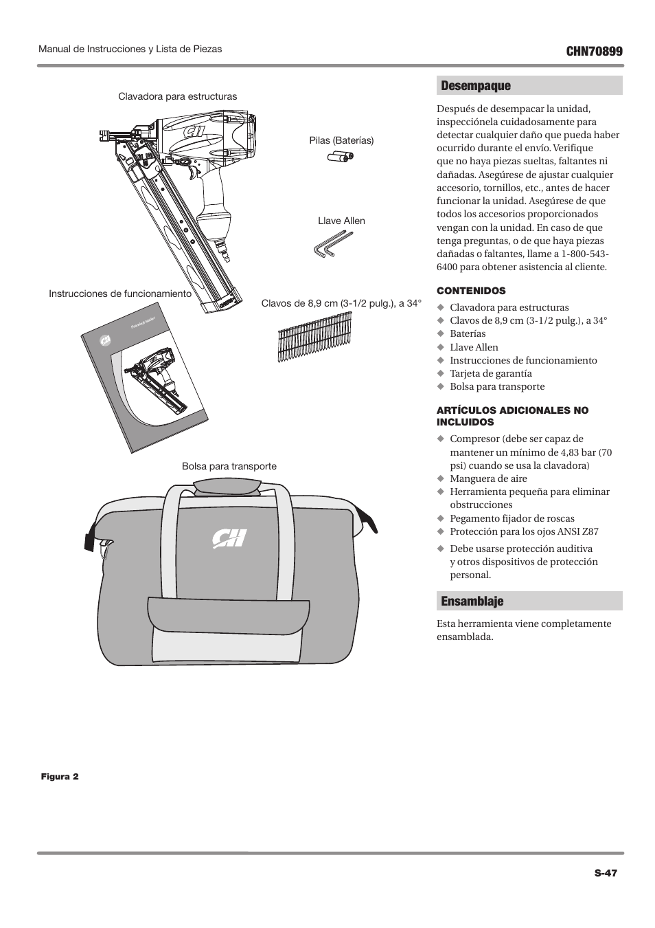 Desempaque, Ensamblaje | Campbell Hausfeld CHN70899 User Manual | Page 47 / 60