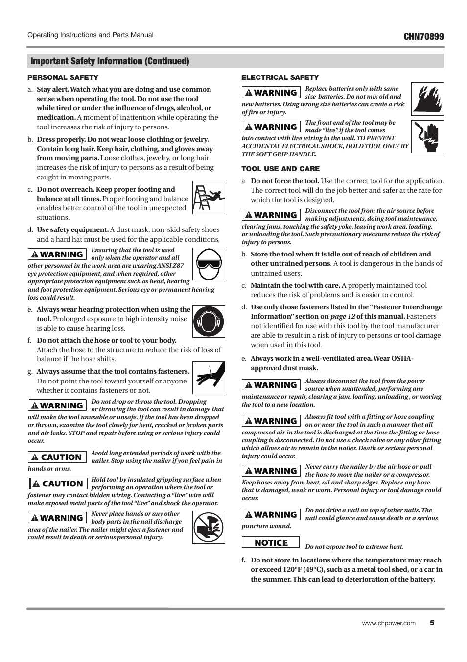 Important safety information (continued) | Campbell Hausfeld CHN70899 User Manual | Page 5 / 60