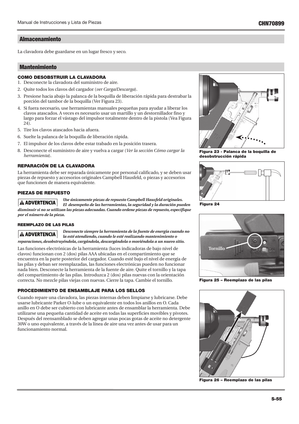 Mantenimiento, Almacenamiento | Campbell Hausfeld CHN70899 User Manual | Page 55 / 60