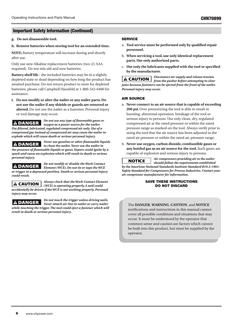 Important safety information (continued) | Campbell Hausfeld CHN70899 User Manual | Page 6 / 60