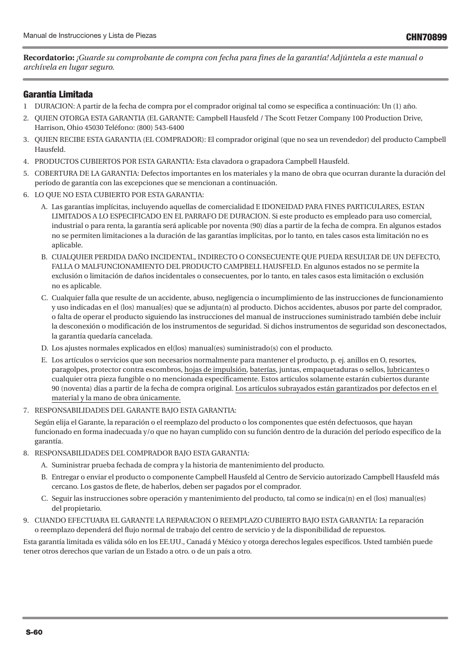 Garantía limitada | Campbell Hausfeld CHN70899 User Manual | Page 60 / 60