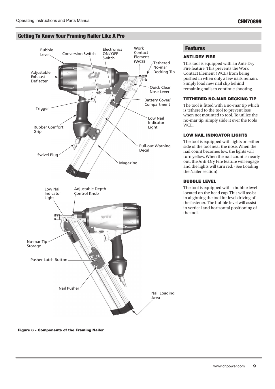 Features, Getting to know your framing nailer like a pro | Campbell Hausfeld CHN70899 User Manual | Page 9 / 60
