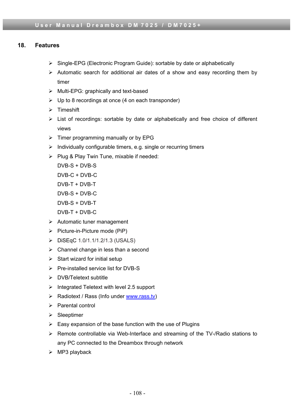 Features | Dream Property DM7025 + User Manual | Page 108 / 114