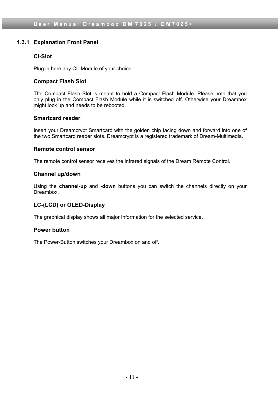 1 explanation front panel | Dream Property DM7025 + User Manual | Page 11 / 114