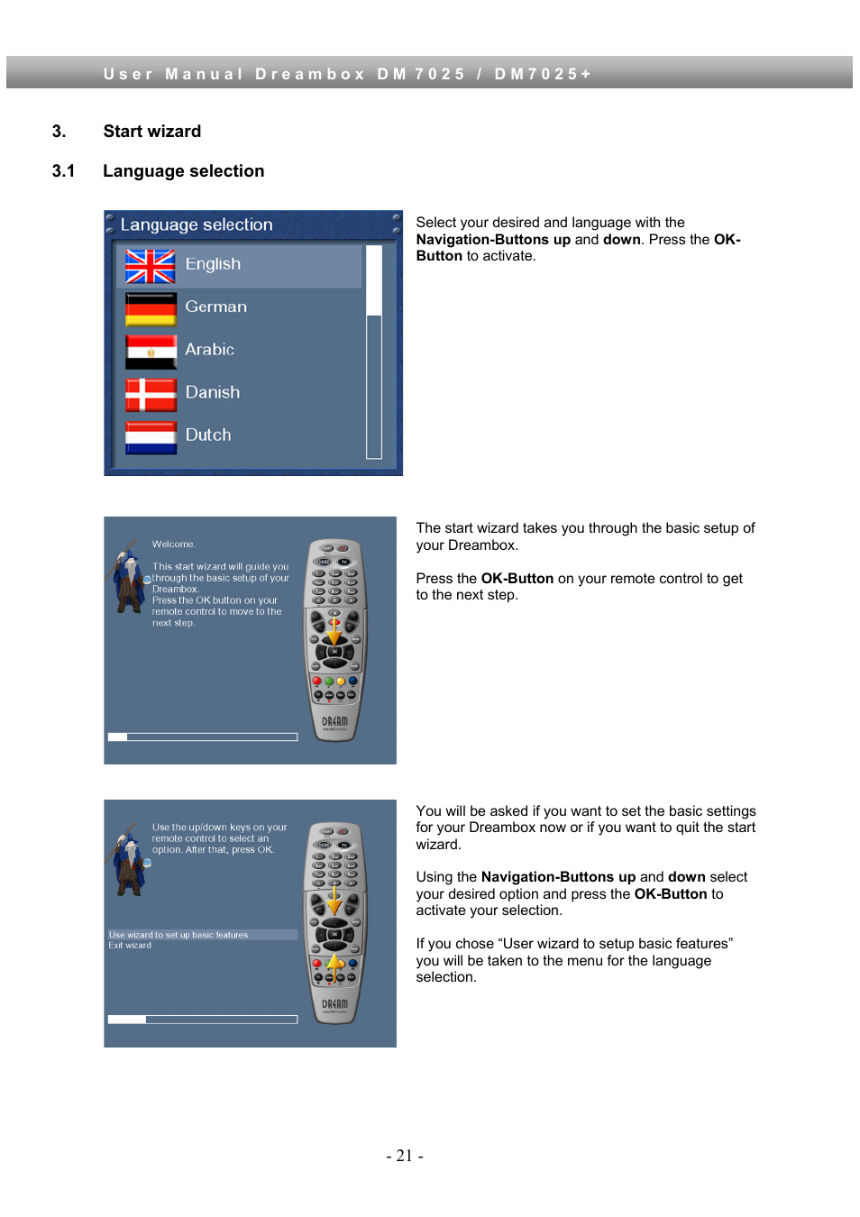 Start wizard, 1 language selection | Dream Property DM7025 + User Manual | Page 21 / 114