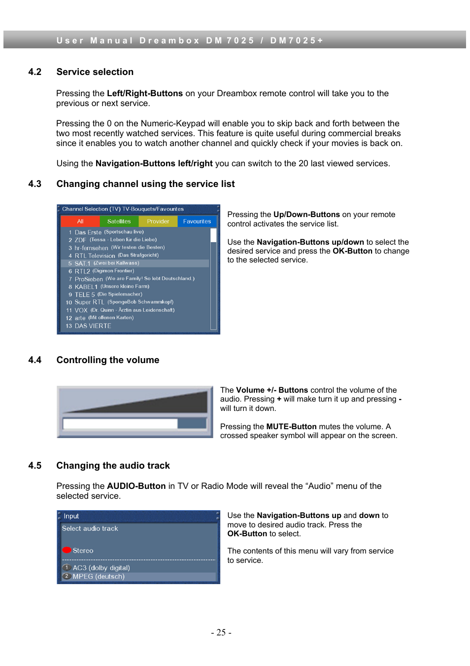 2 service selection, 3 changing channel using the service list, 4 controlling the volume | 5 changing the audio track | Dream Property DM7025 + User Manual | Page 25 / 114