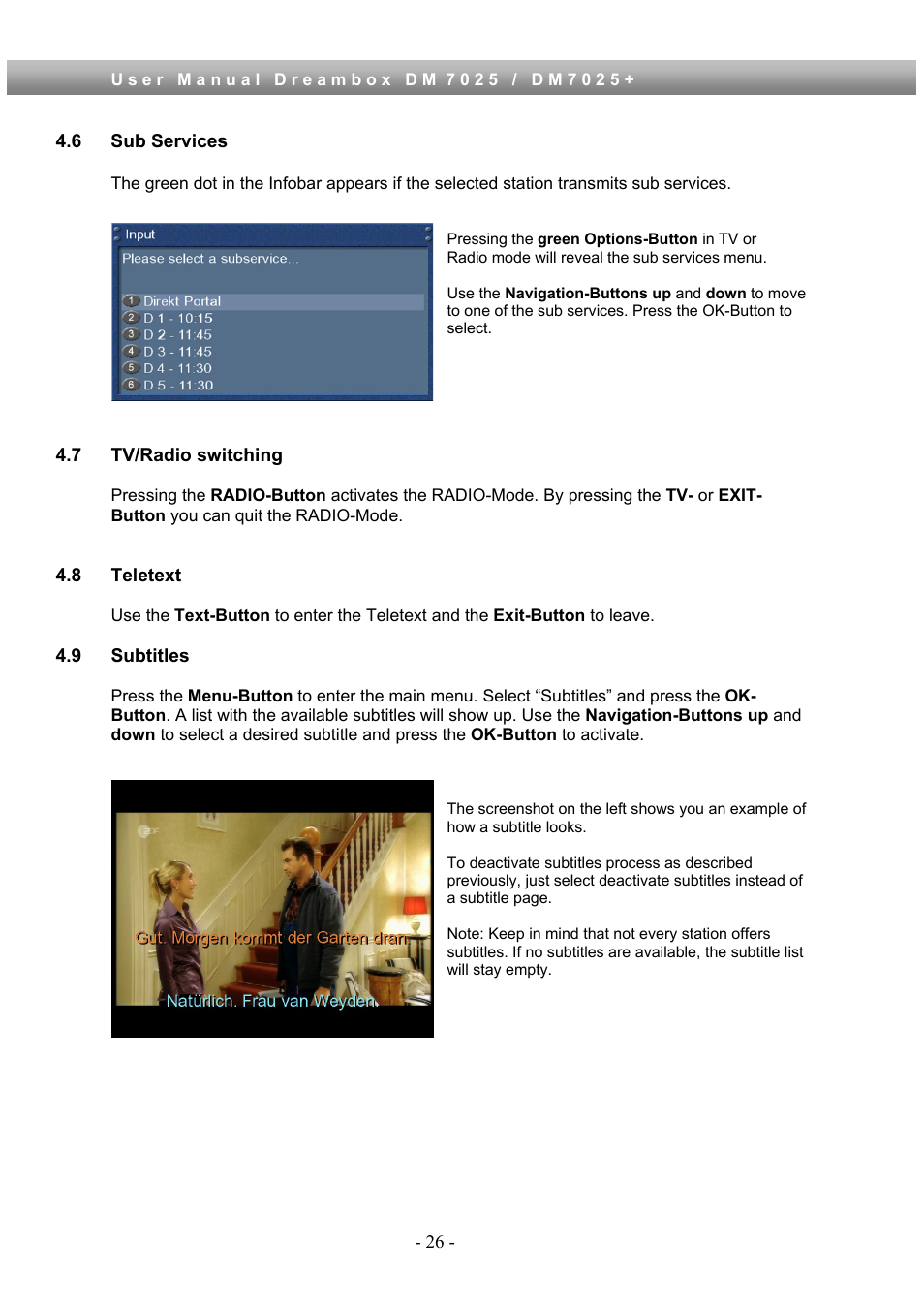 6 sub services, 7 tv/radio switching, 8 teletext | 9 subtitles | Dream Property DM7025 + User Manual | Page 26 / 114