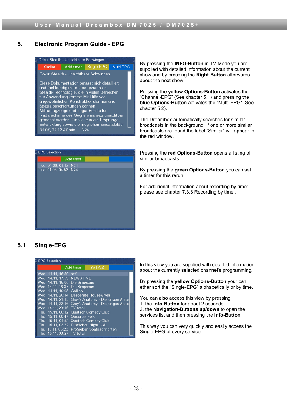 Electronic program guide - epg, 1 single-epg | Dream Property DM7025 + User Manual | Page 28 / 114