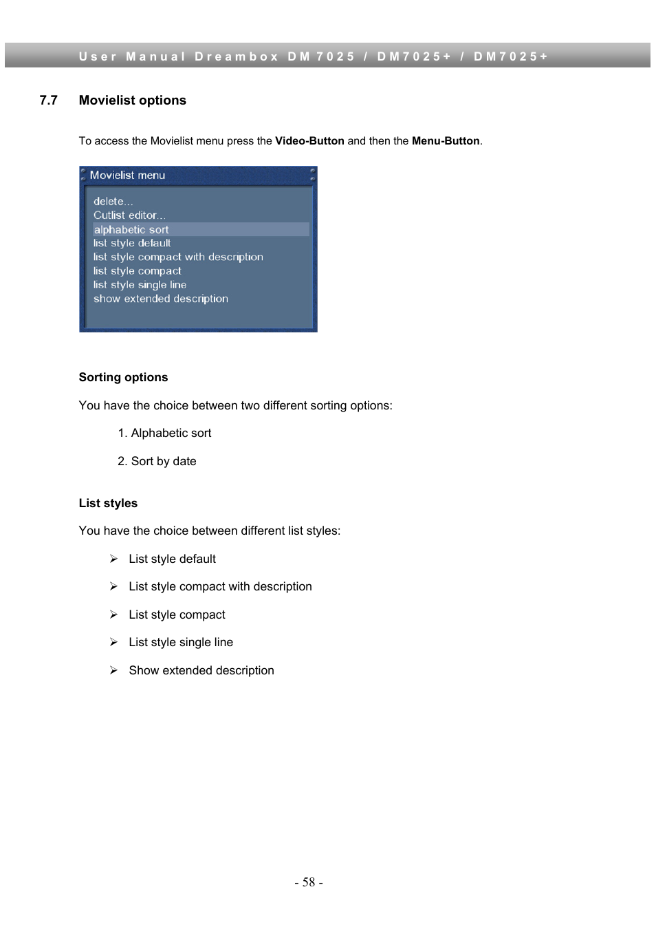 7 movielist options | Dream Property DM7025 + User Manual | Page 58 / 114