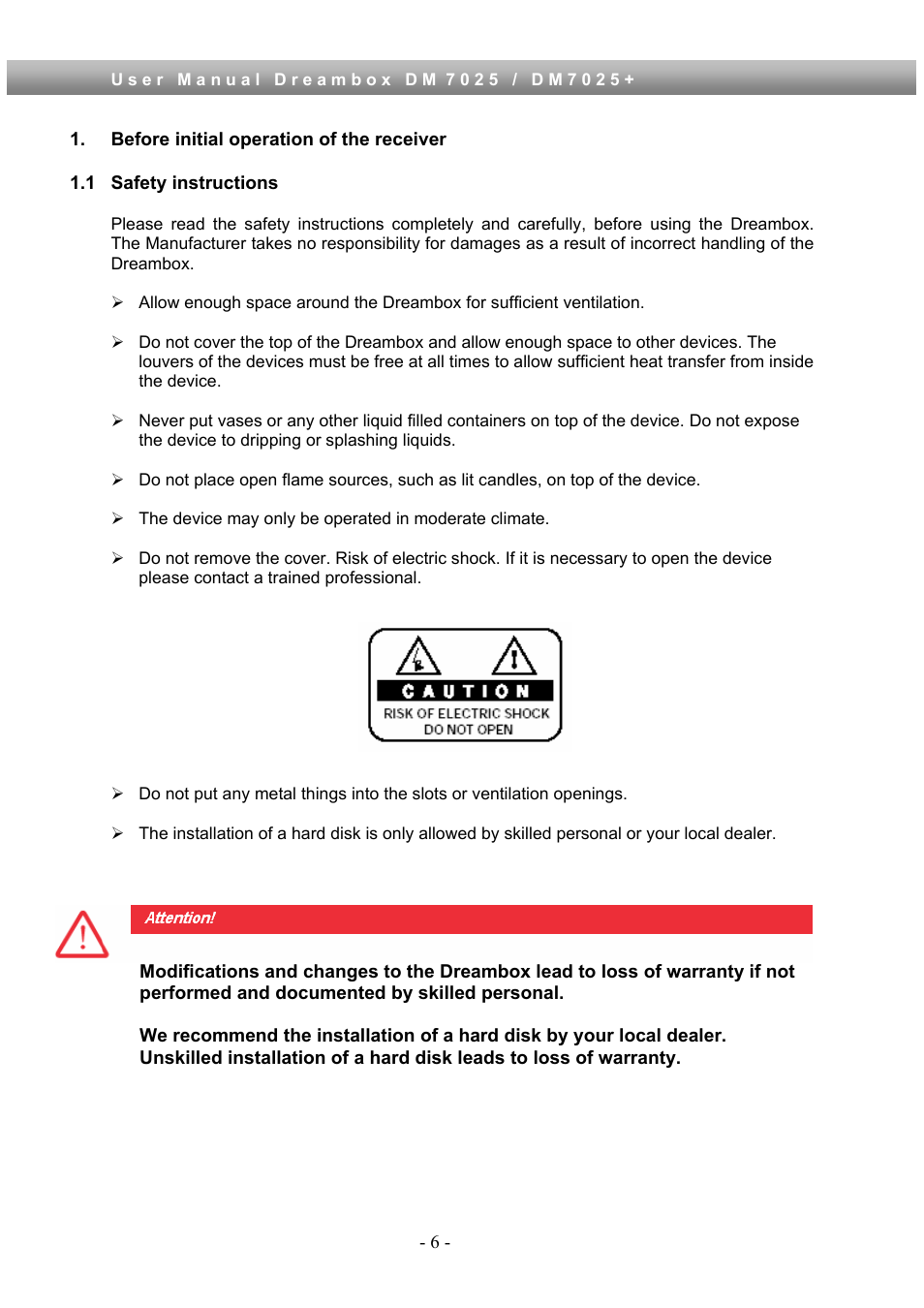 Before initial operation of the receiver, 1 safety instructions | Dream Property DM7025 + User Manual | Page 6 / 114