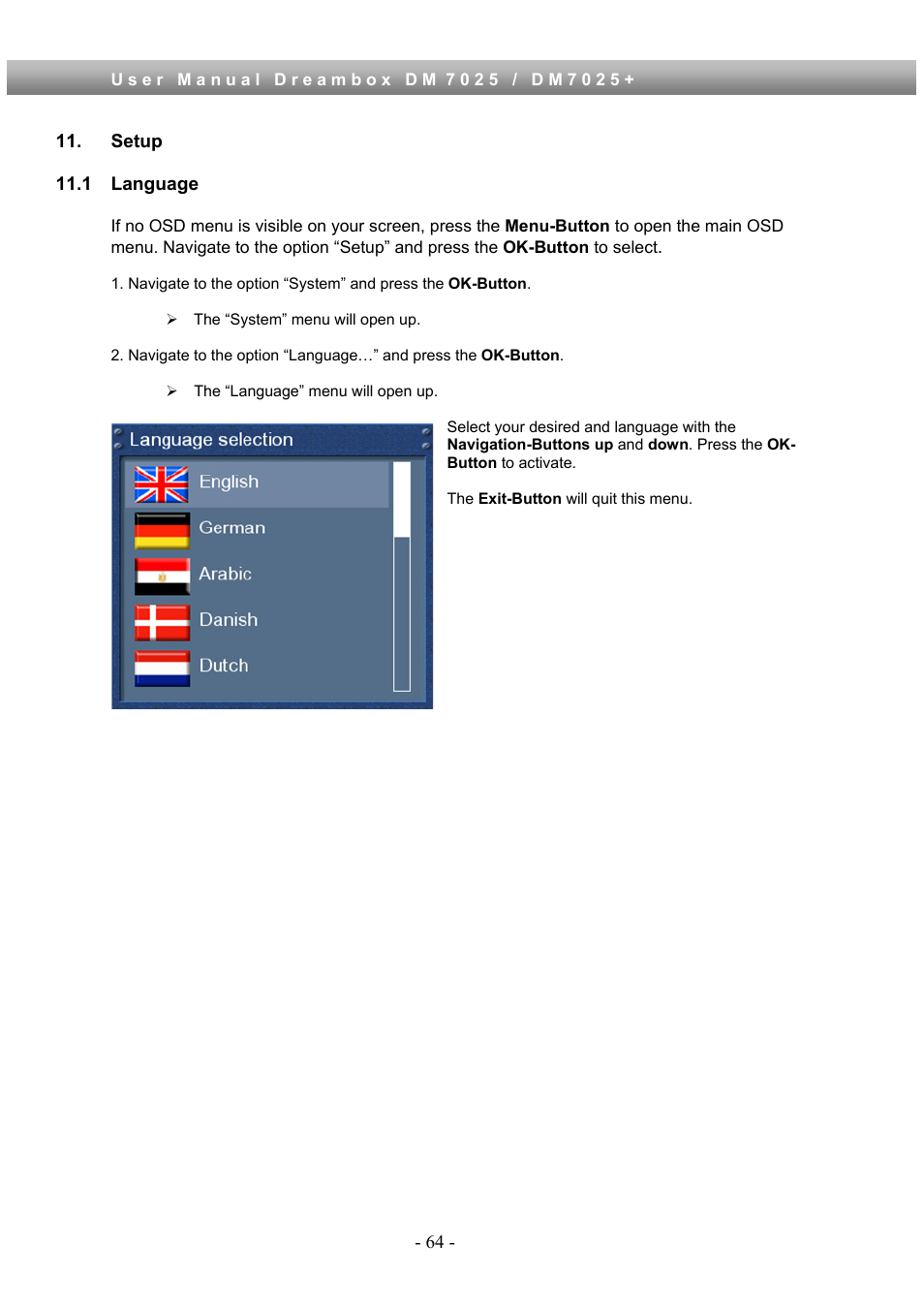 Setup, 1 language | Dream Property DM7025 + User Manual | Page 64 / 114