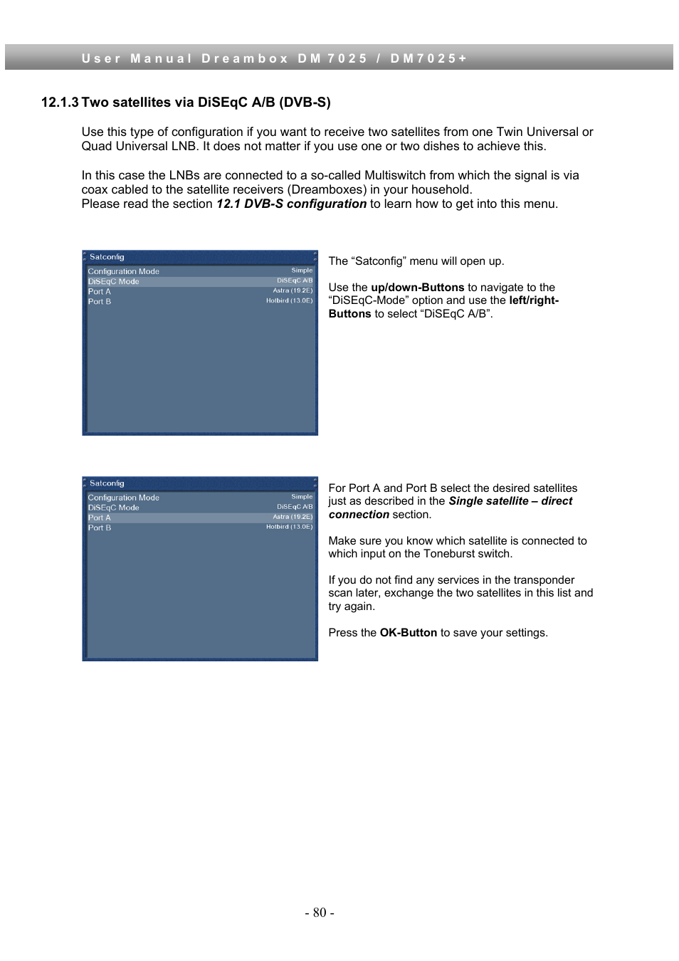 3 two satellites via diseqc a/b (dvb-s) | Dream Property DM7025 + User Manual | Page 80 / 114