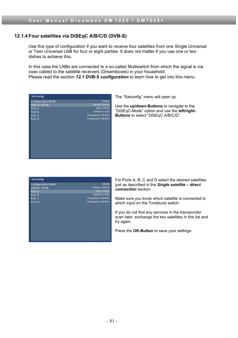 4 four satellites via diseqc a/b/c/d (dvb-s) | Dream Property DM7025 + User Manual | Page 81 / 114