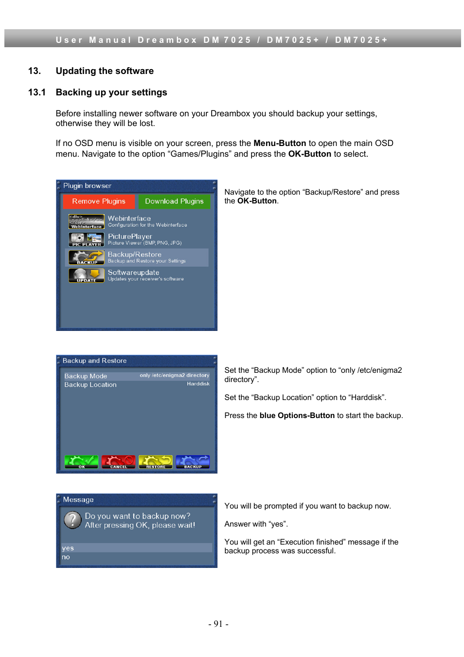Updating the software, 1 backing up your settings | Dream Property DM7025 + User Manual | Page 91 / 114