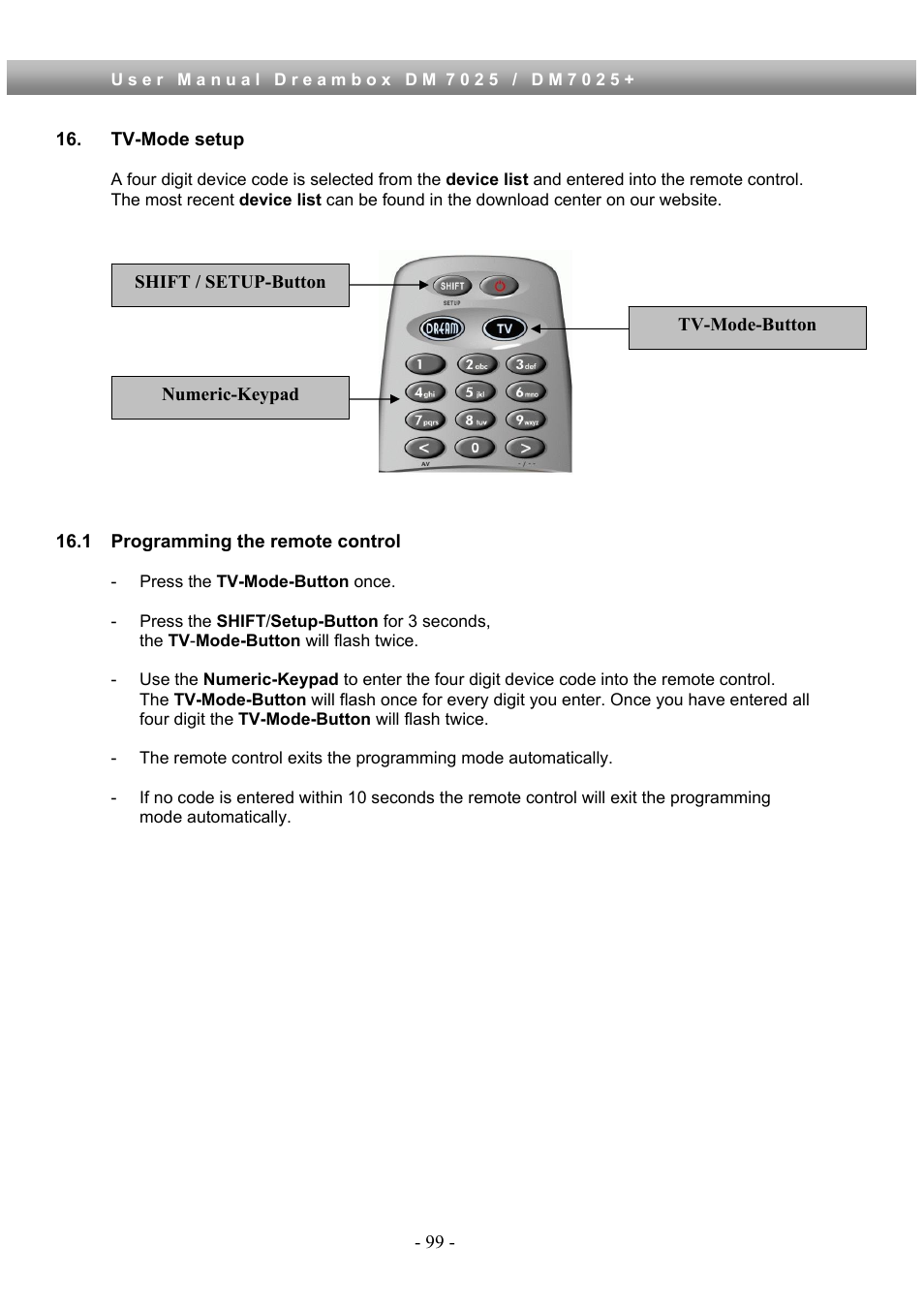 Tv-mode setup, 1 programming the remote control | Dream Property DM7025 + User Manual | Page 99 / 114